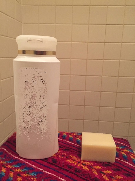 Plastic shampoo bottle and shampoo bar