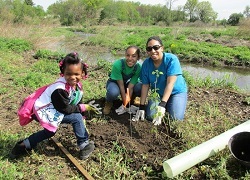 A mother and two daughters plant trees by a stream.
