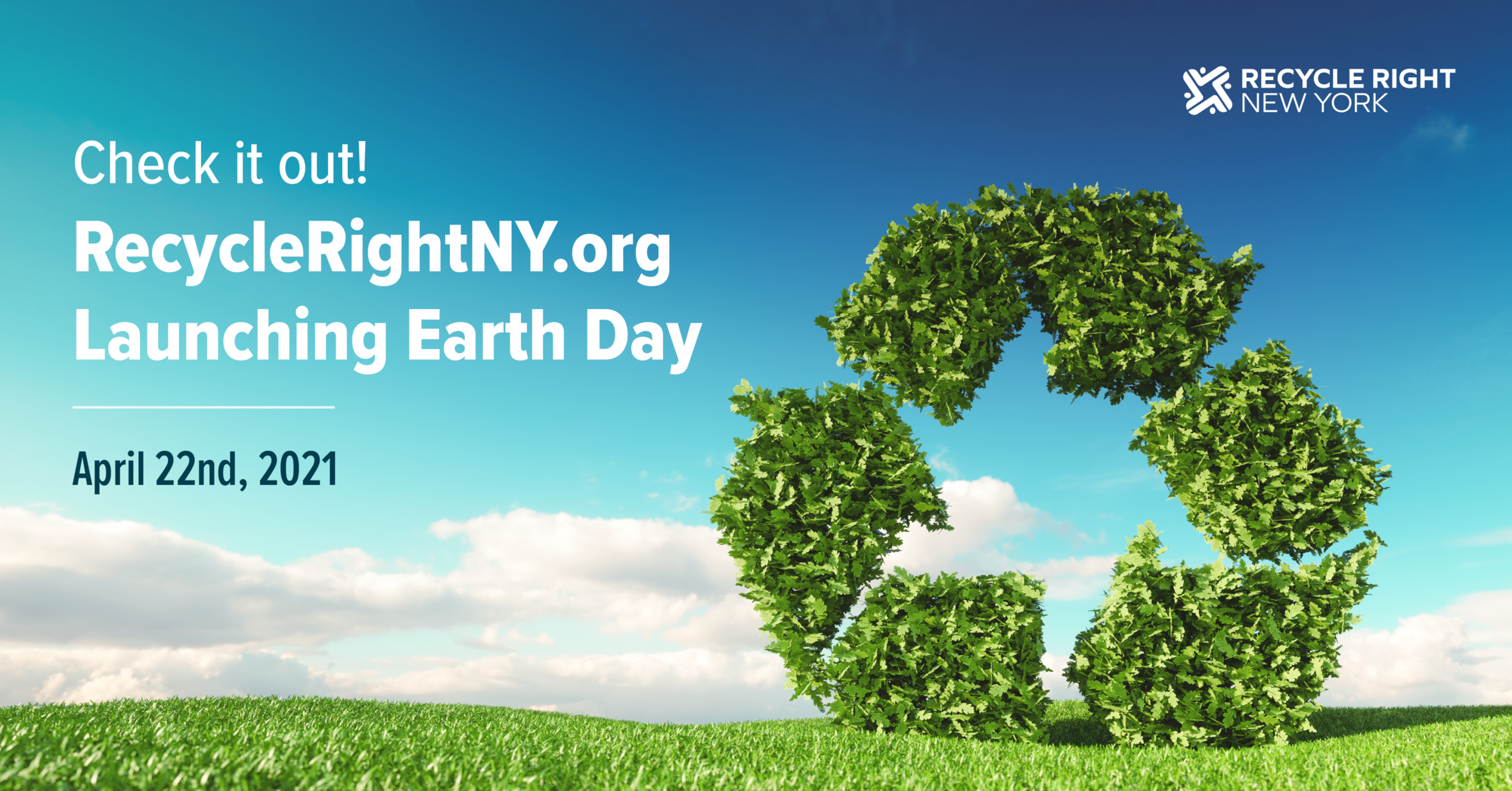 An image showing the recycling symbol directing people to check out the new Recycle Right NY website launching Earth Day 2021
