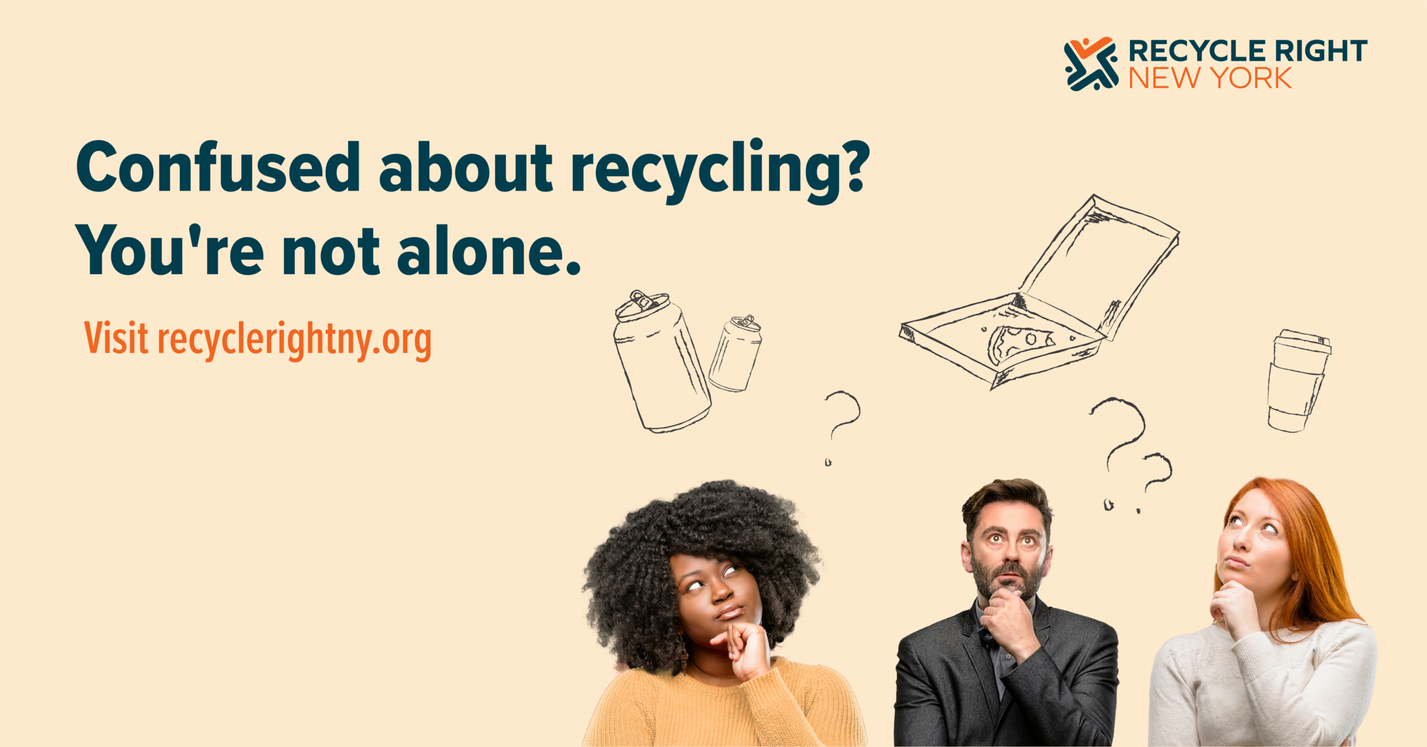 An image showing three people thinking about recycling. The image states 