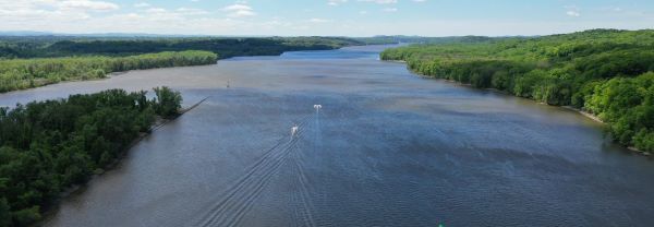 A drone view of the Hudson River on a sunny day. Photo by Scott Snell.