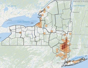 Map of New York State showing locations where deceased deer have been reported