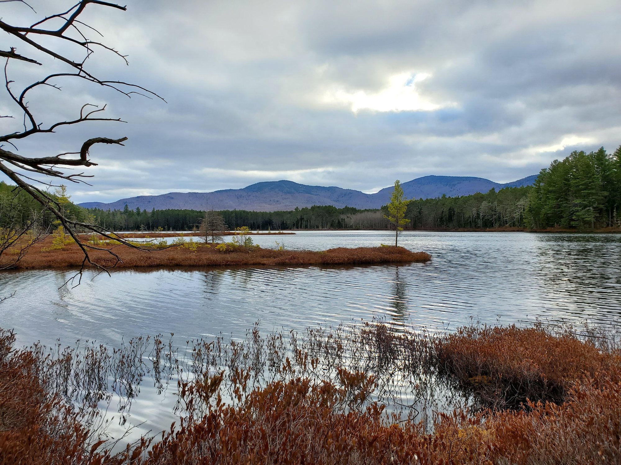 Late fall view over water with mountains in background