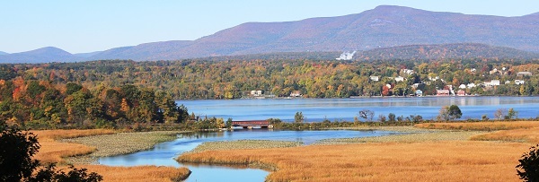A tidal marsh on the Hudson with a vista of mountains in the distance