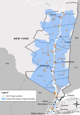 Map of Hudson River Estuary Watershed with 165 stars indicating project locations.