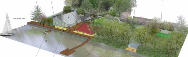 Architectural drawing of a birds-eye-view of completed buildings and playground for the Tidewater Center.