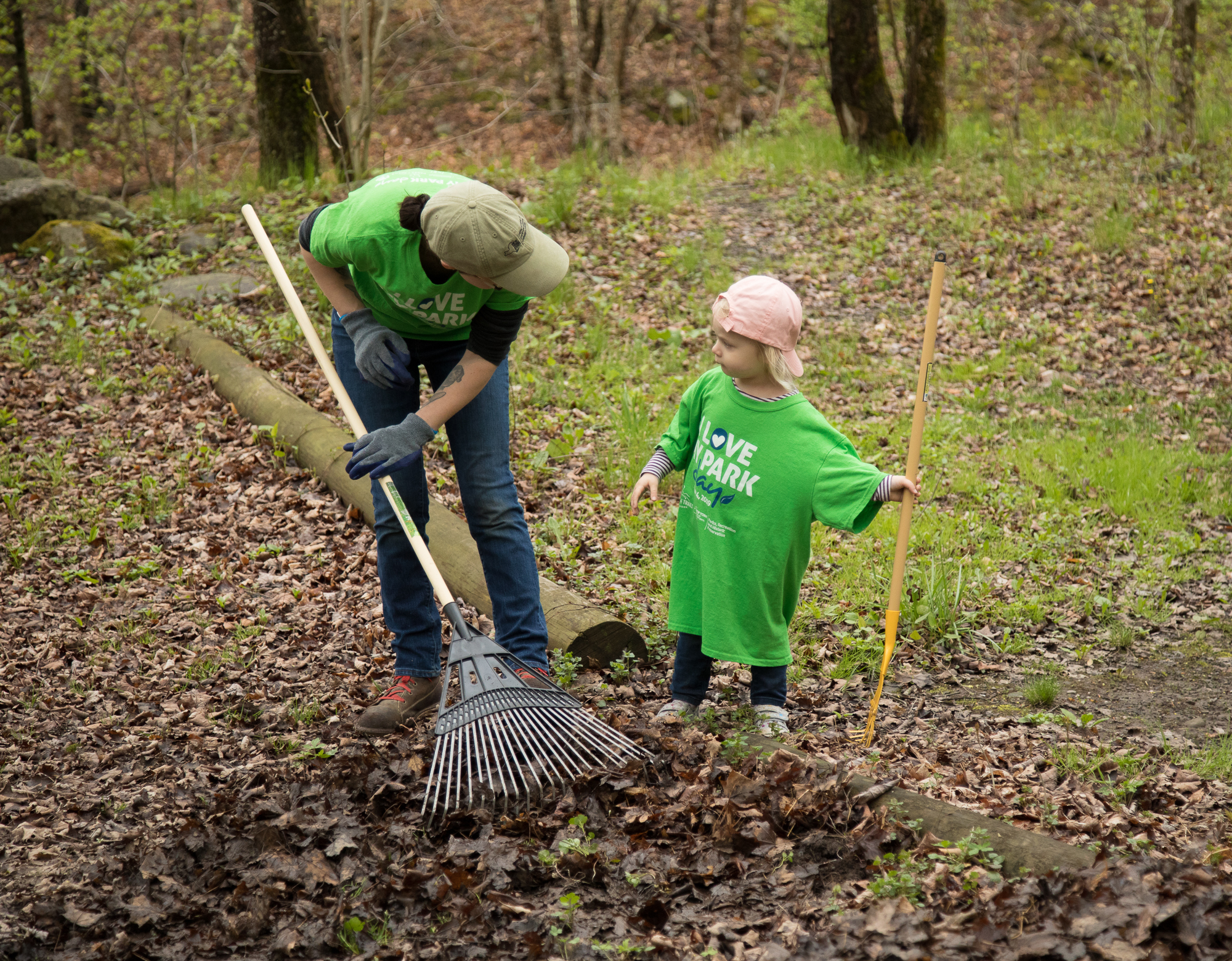 Adult and child raking for I Love My Park Day