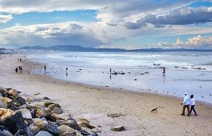 Beach shore with people walking along the shore and birds flying overhead