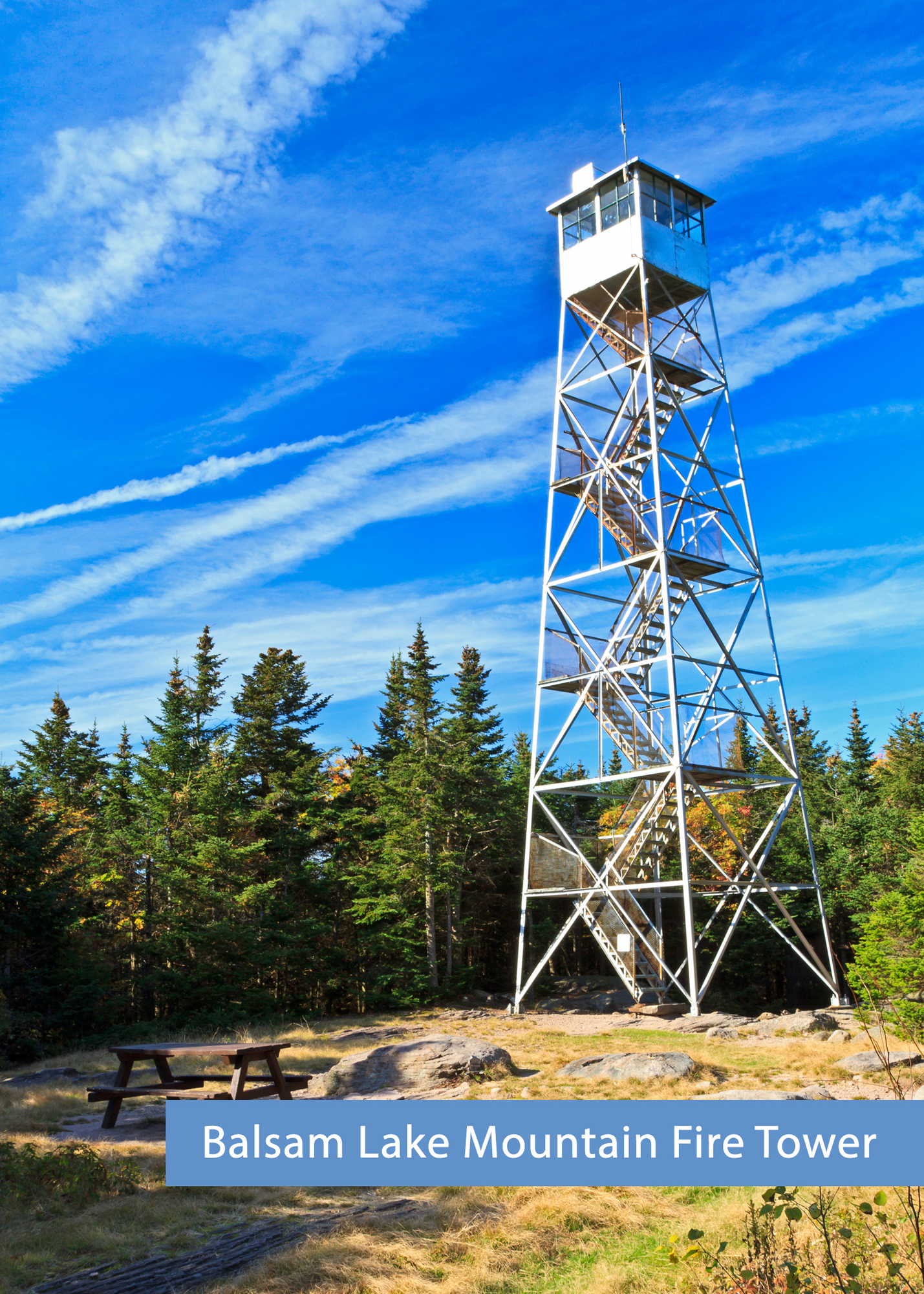 Looking up at Balsam Lake Mountain Fire Tower from the base