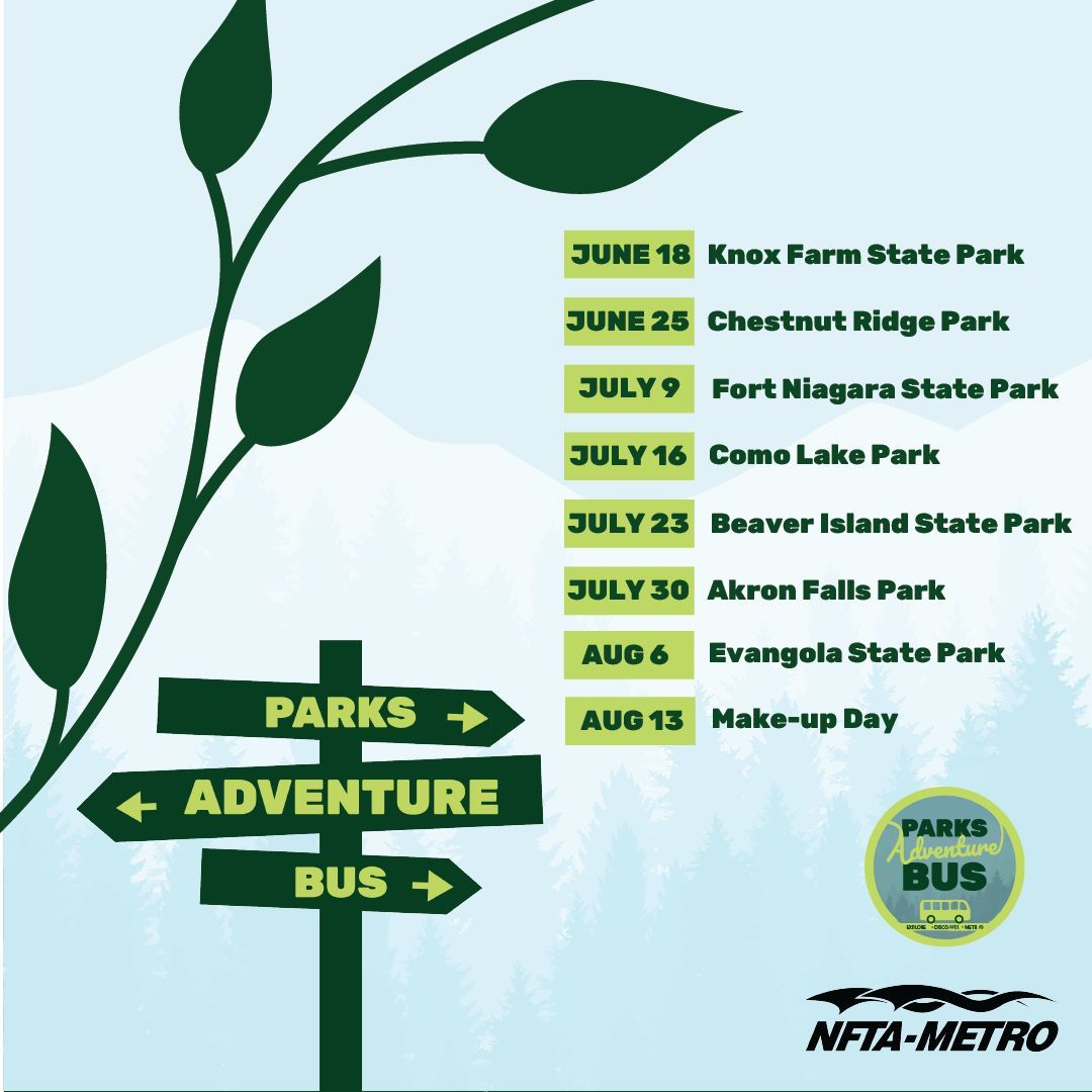 An infographic listing out the information and dates for the NFTA parks Adventure Bus