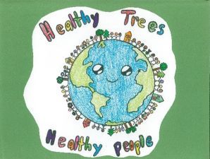 Drawing of people, trees, and homes encircling  the Earth with a smiling face. It is titled Healthy Trees, Healthy People.