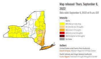 A map of NYS showing drought status in each county.
