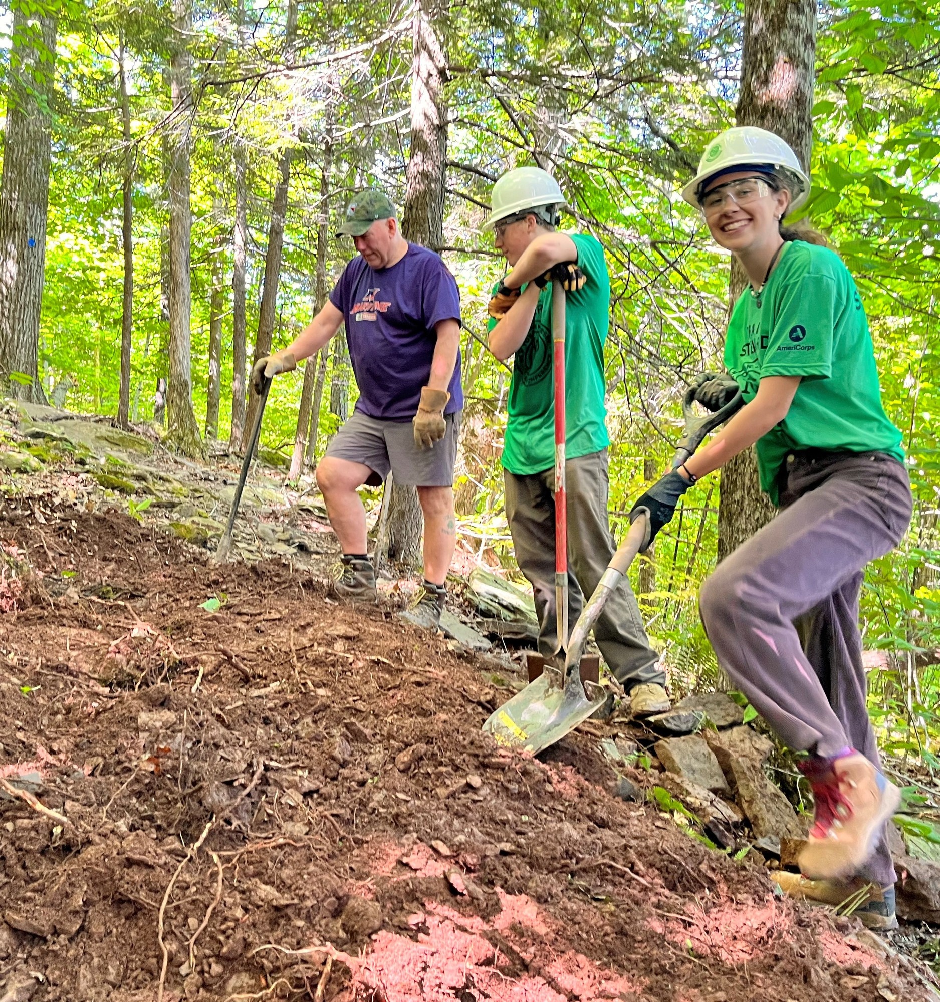 Three trail stewards doing maintenance on the Long Path