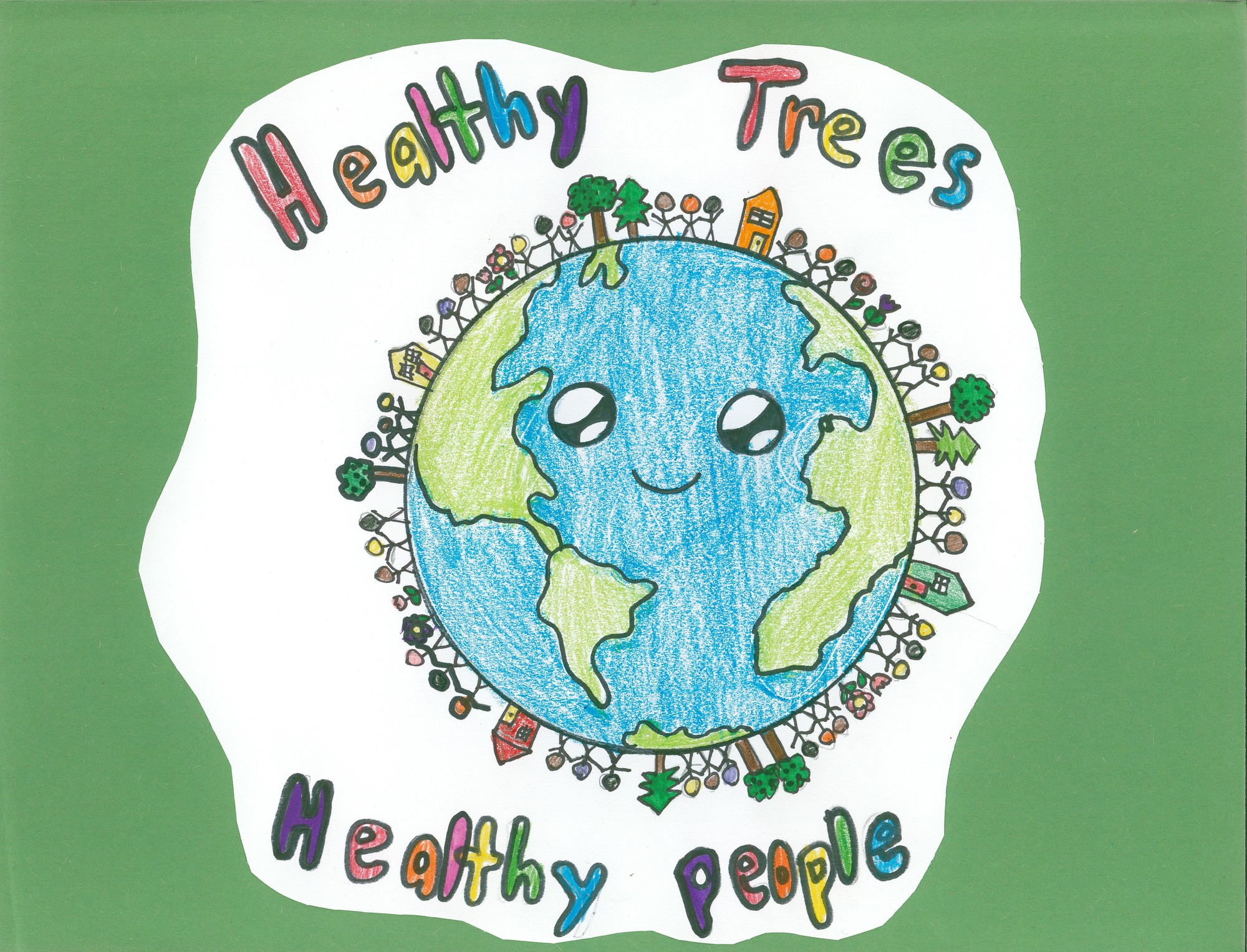 Artwork of a smiling globe surrounded by a halo of people and trees holding hands with the caption 
