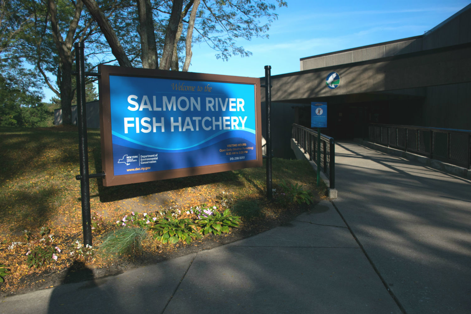 The entrance sign in front of Salmon River Fish Hatchery