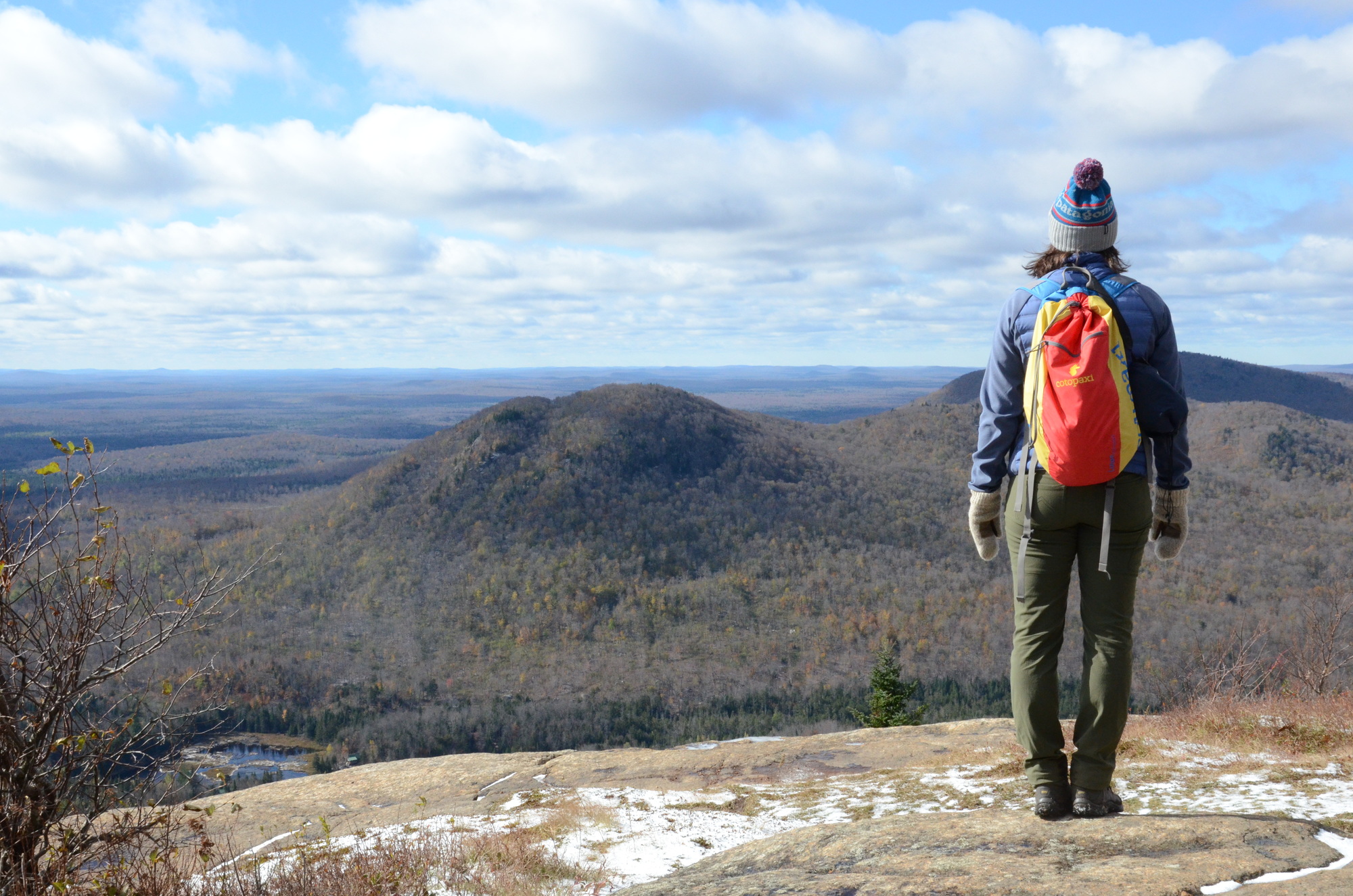 A hiker looks out over the fallen fall foliage