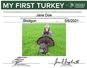 An example My First certificate showing Jane Doe's certificate for her first harvested turkey