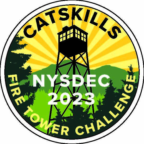 2023 Catskills Fire Tower Challenge Logo. A black fire tower against a yellow striped sunrise