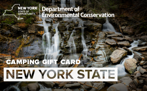 A photo of a small waterfall with the NYSDEC logo in the top left corner, and the words New York State Camping Gift Card
