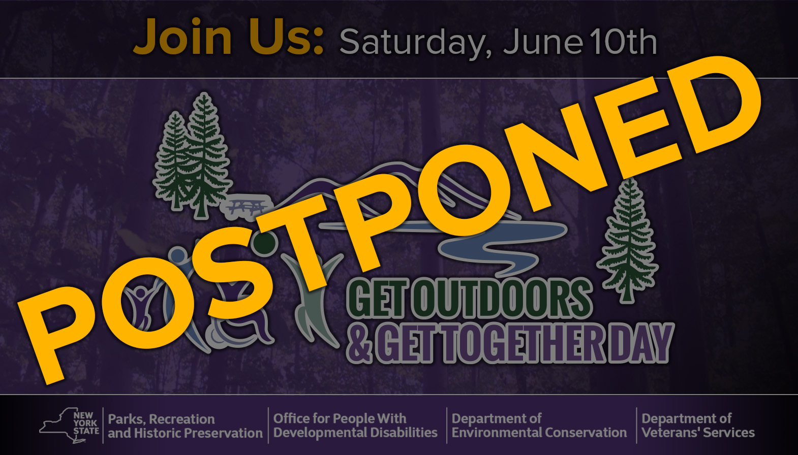 The 2023 Get Outdoors & Get Together Day logo with the word postponed written over top of it