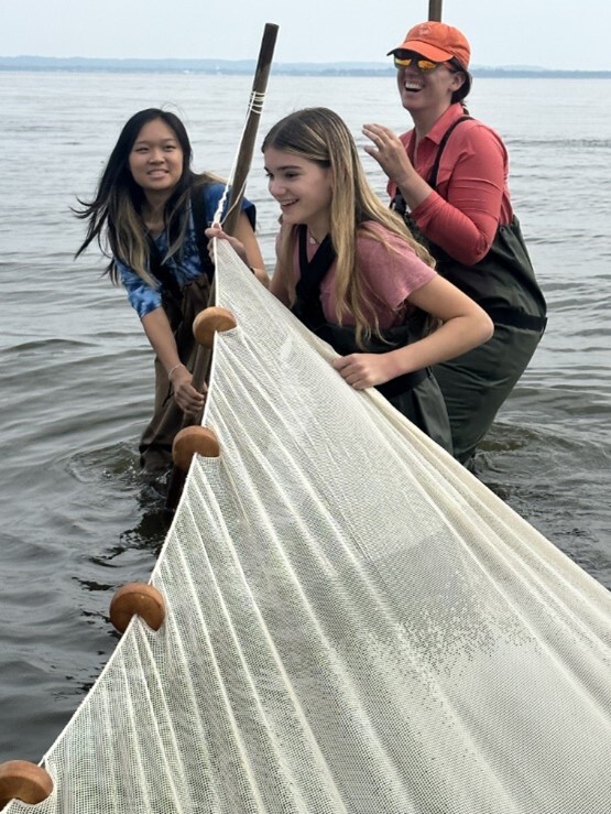 3 young women drag a seine net through the water.