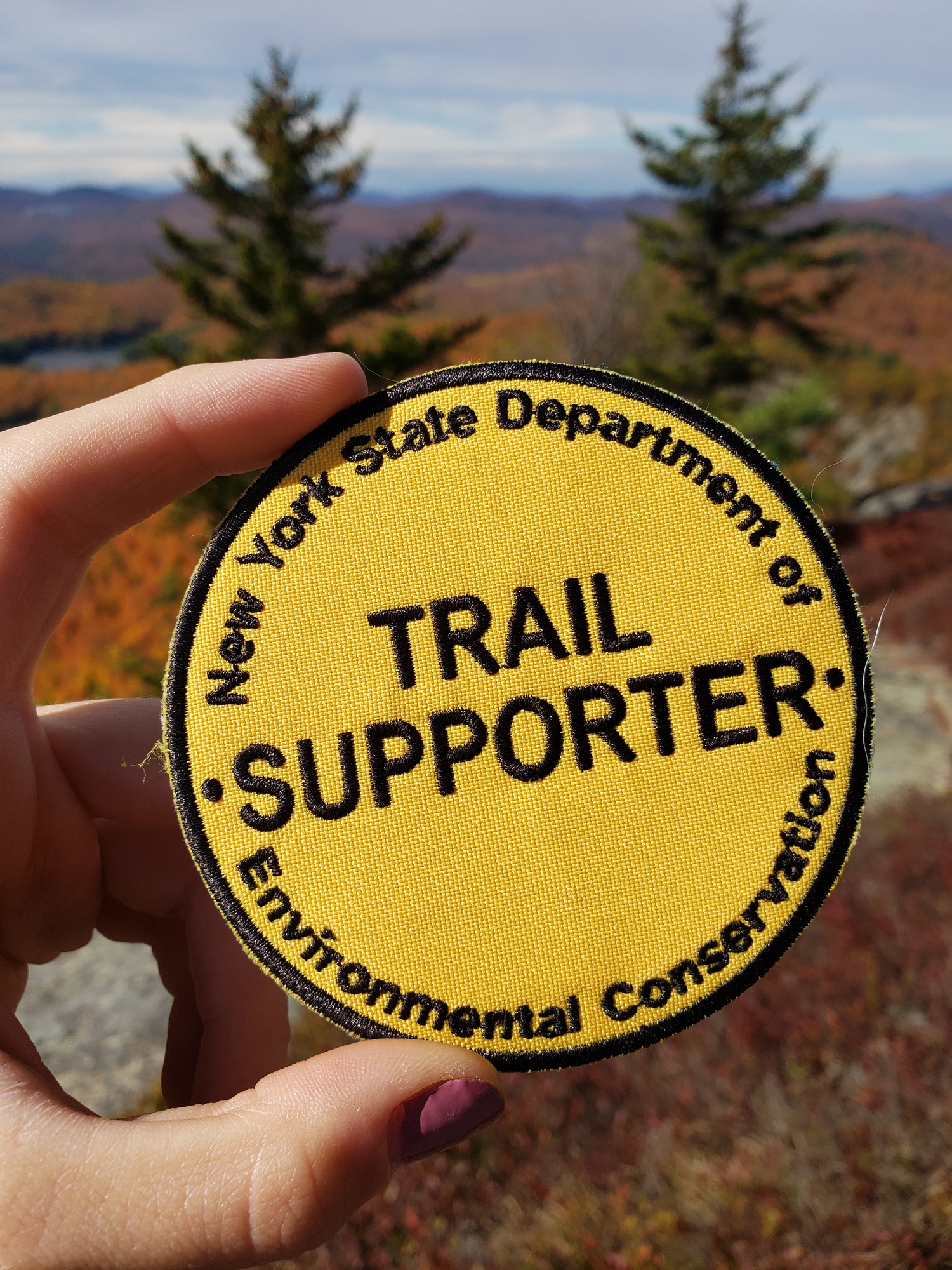 Person's hand holding yellow trail marker patch on mountain summit with fall foliage