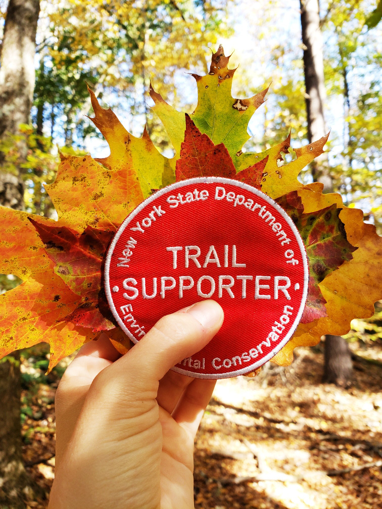 Person holding red trail marker patch displayed with fall leaves around it in the forest