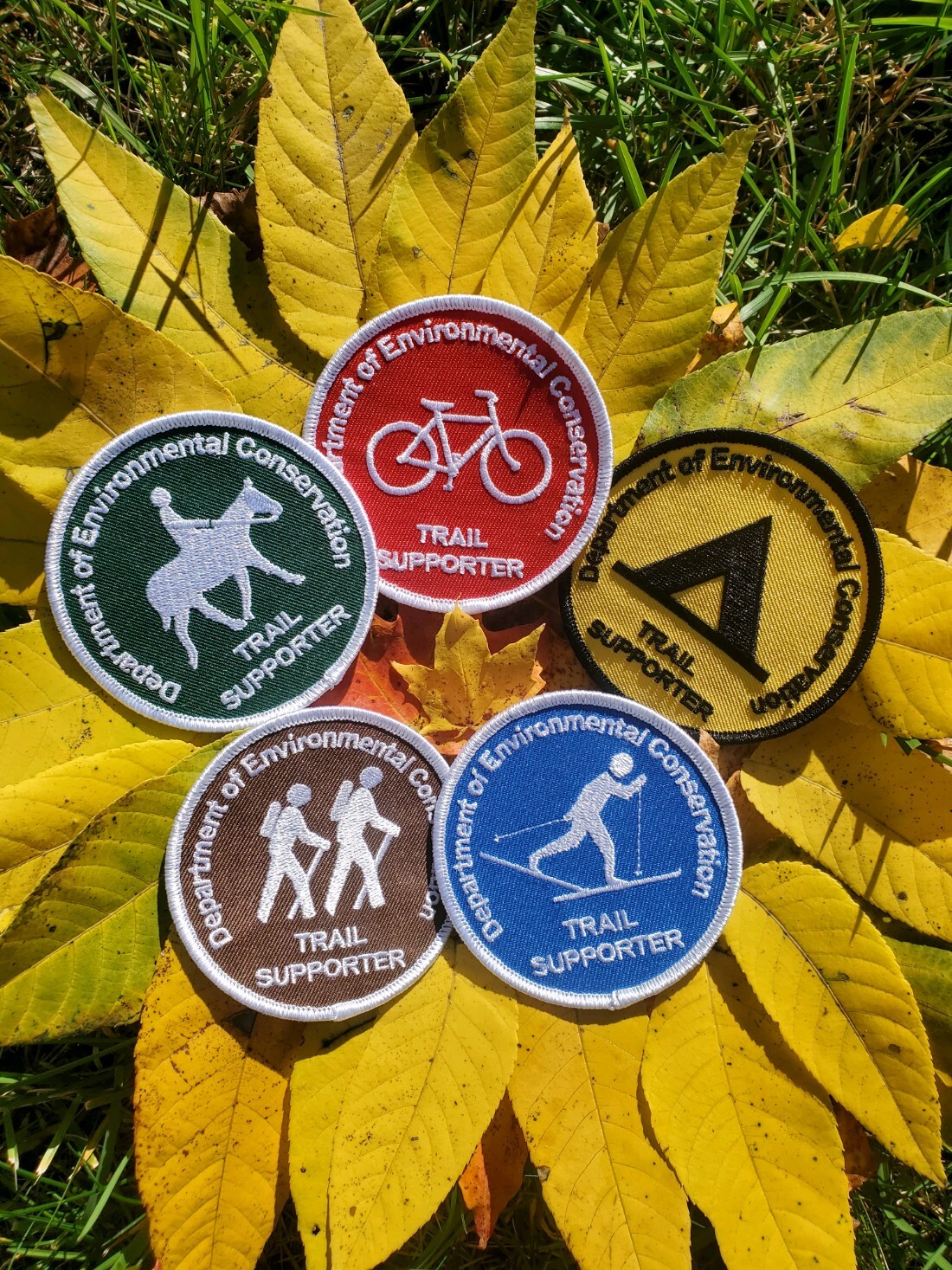 5 trail symbol patches- bicycle, tent, cross-country skiier, hikers, and equestrian- displayed on fall leaves