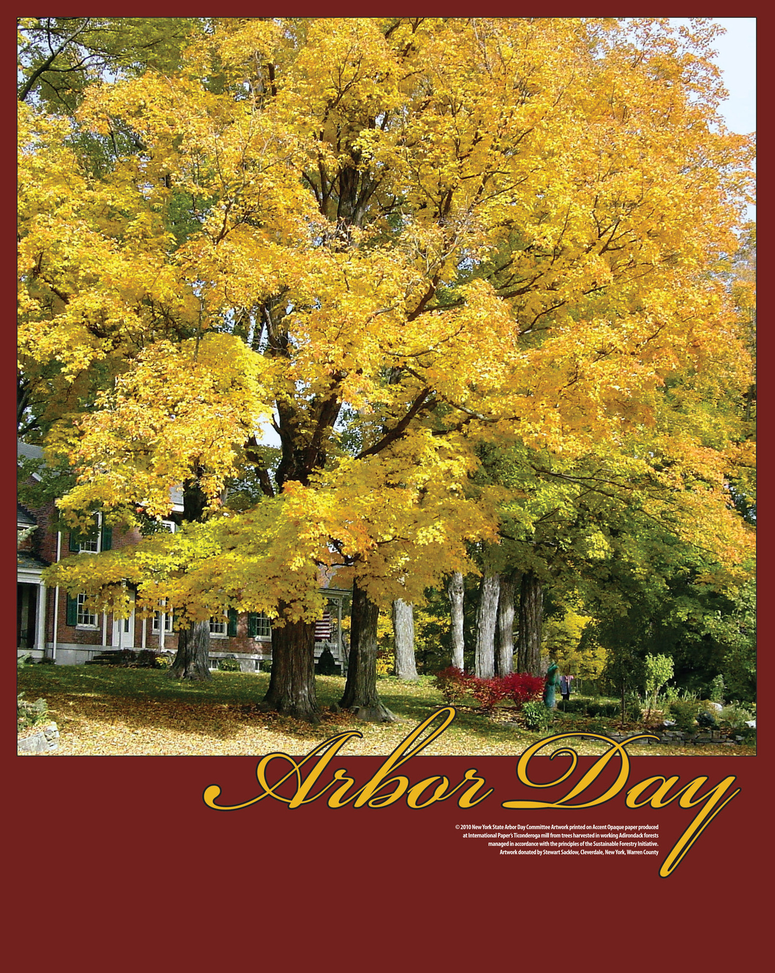 2010 Arbor Day poster of yellow maple trees in front of old brick house