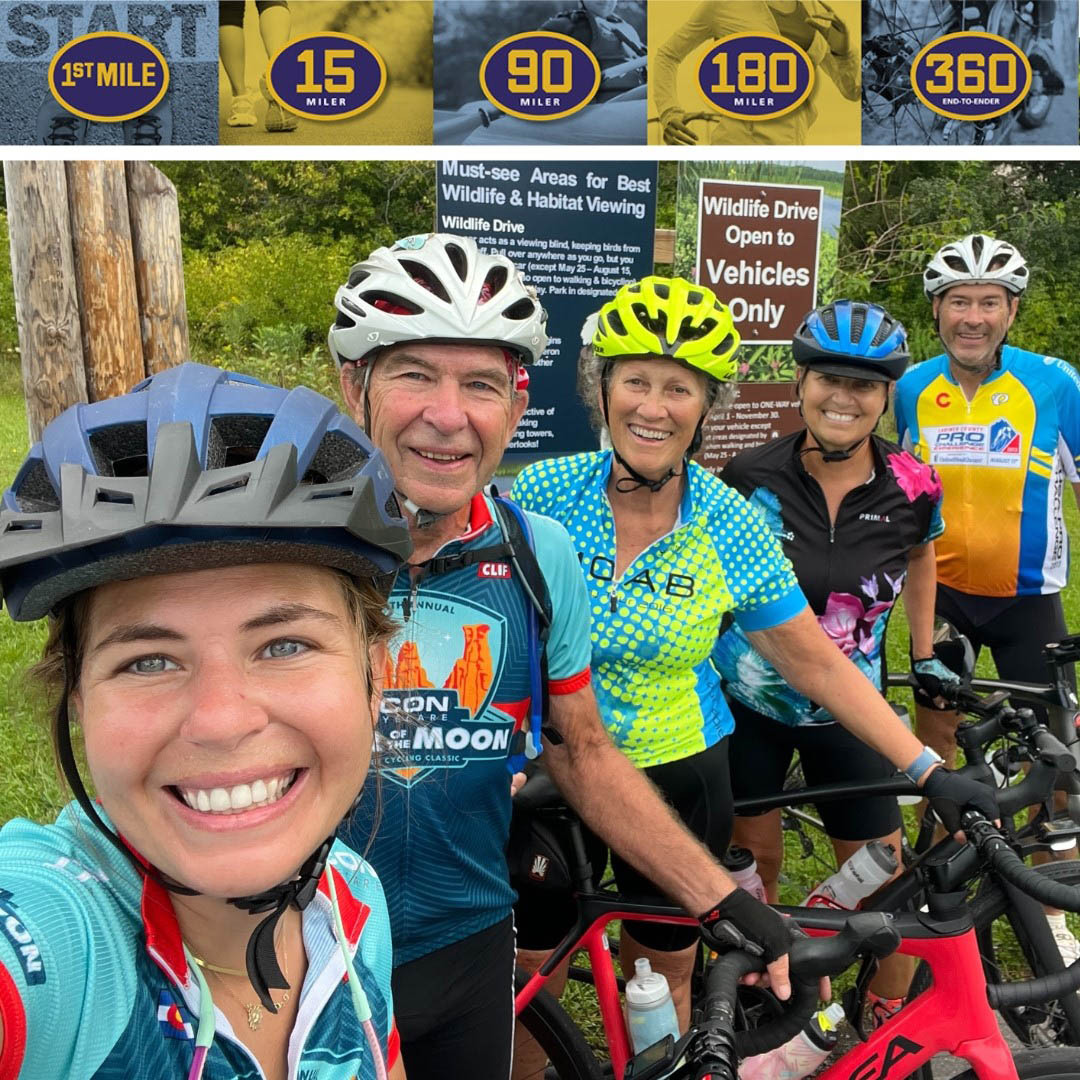 Five people in bike helmets smile and pose with their bicycles on the Erie Canalway National Heritage Corridor.