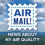 A postage stamp that says Air Mail! News about NY air Quality.
