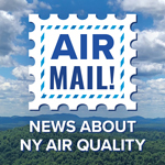 A postage stamp that says Air Mail! News about NY air Quality.