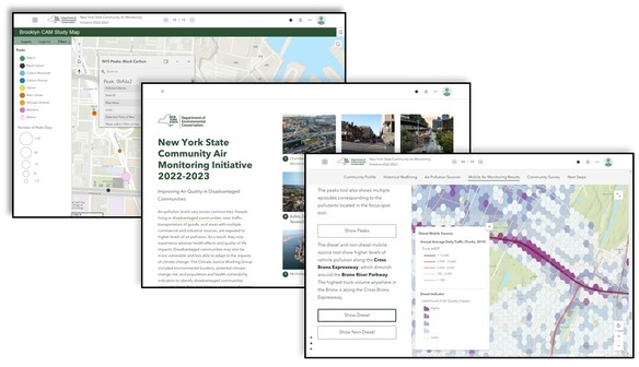 Three screenshots of the interactive story maps.