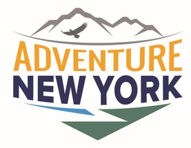 Image of a logo that says Adventure New York, with a mountain and soaring hawk above the words and green land and water below the words. 