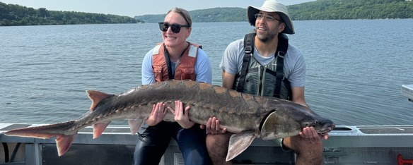 Two people seated on a boat hold an Atlantic sturgeon