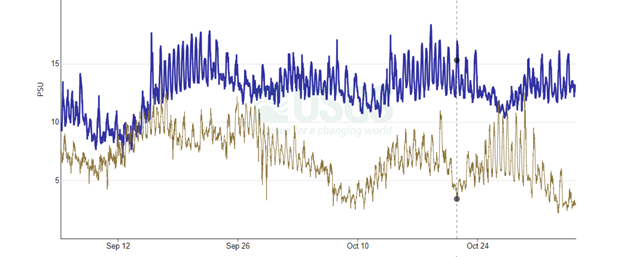 A graph showing water temperature and salinity