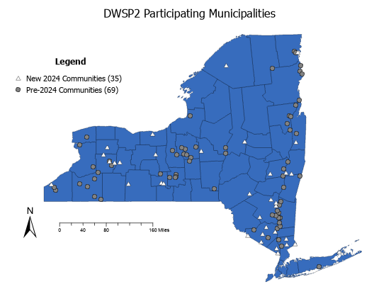 General map of NYS communities that participate in DWSP2. First-round communities (brown) and second-round communities (white) are depicted. 