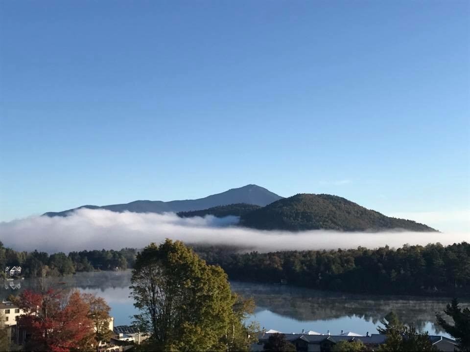 View of a lake and mountains.