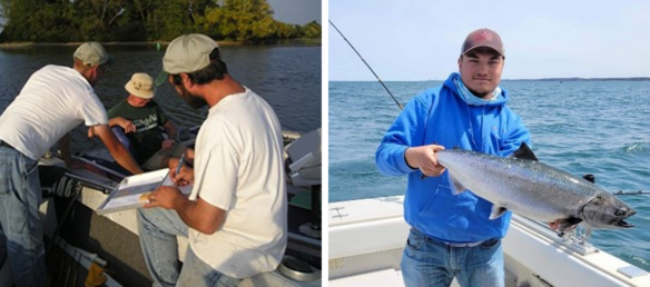 Left image - fisheries staff measuring fish and recording data; angler holding a Chinook salmon on a boat on Lake Ontario