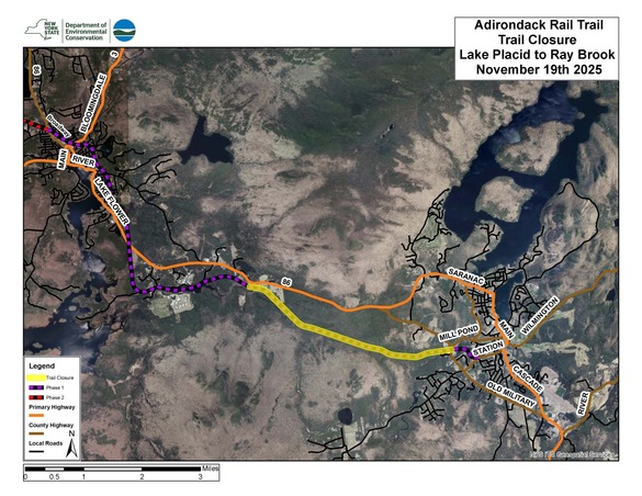 Map showing upcoming trail closure on Adirondack Rail Trail