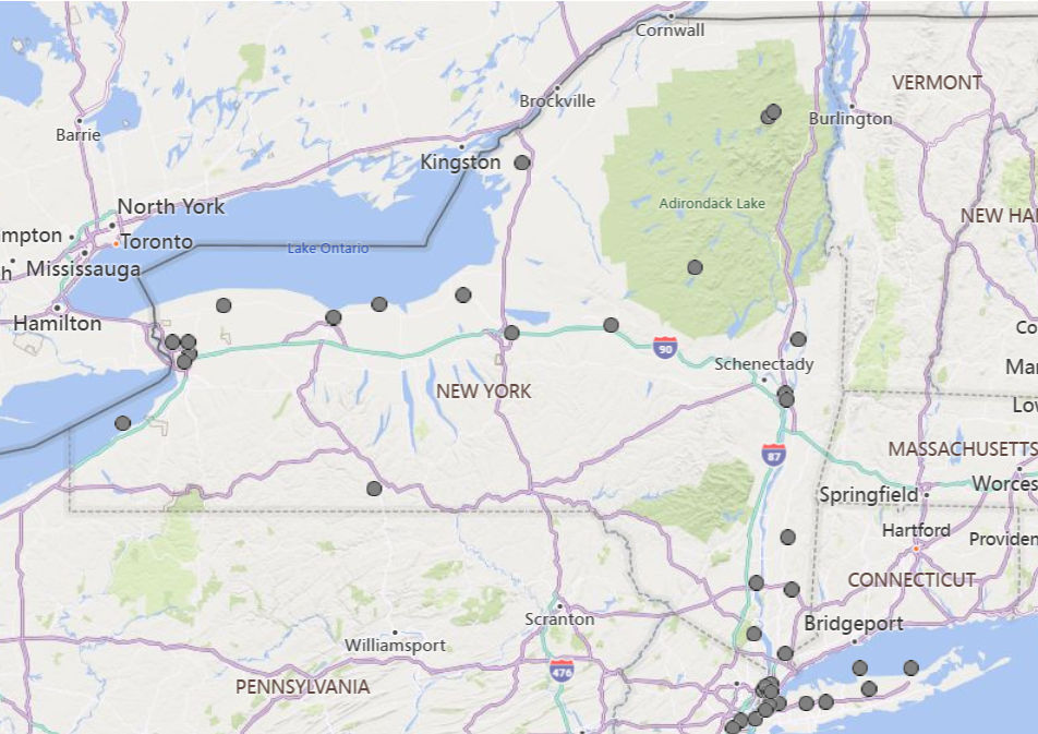 NYS Air Now map showing active air monitoring sites in NYS. 