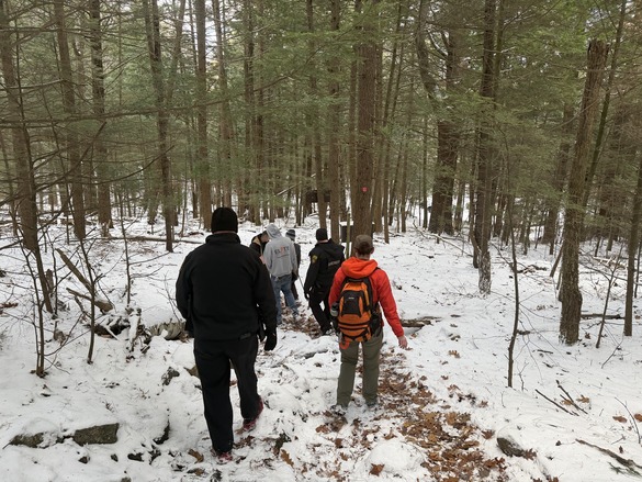 people walking on snowy woods trail