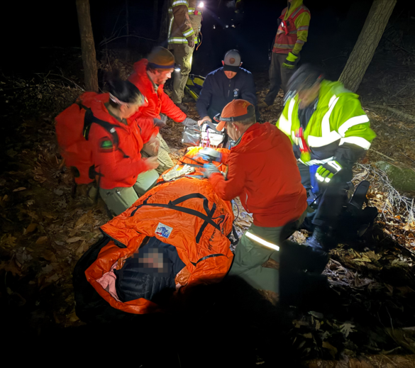 forest rangers rescuing person in woods at night