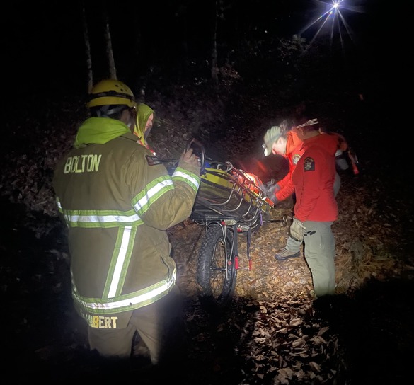 Forest Rangers rescuing person in the woods on stretcher at night