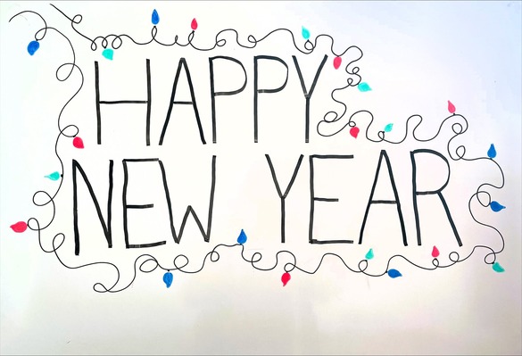 Drawing that says “Happy New Year” with festive lights.