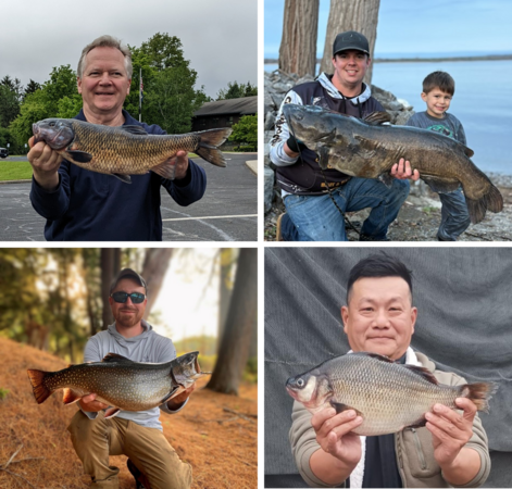 4 different images of people holding their state record fish caught in 2025