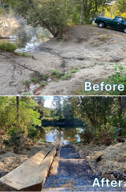 Before and after photos of improved hand launch site on Schroon River