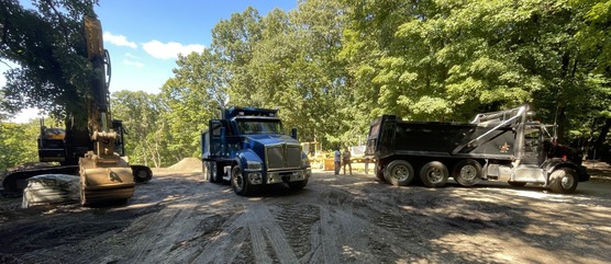 Large dump trucks in wooded, muddy area