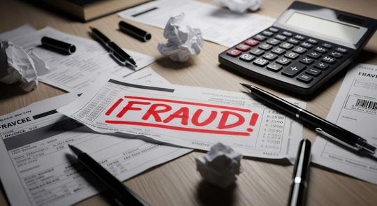 papers, calculator, pens and "Fraud" word in the color Red