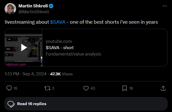 An example of a social media post advertising a livestream and showing Shkreli's short position in a pharmaceutical stock